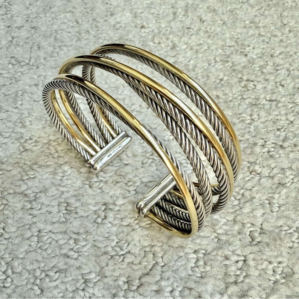 David Yurman Two-Tone 7-Strand Crossover Cuff Bracelet 18K Gold Silver - Picture 3 of 7